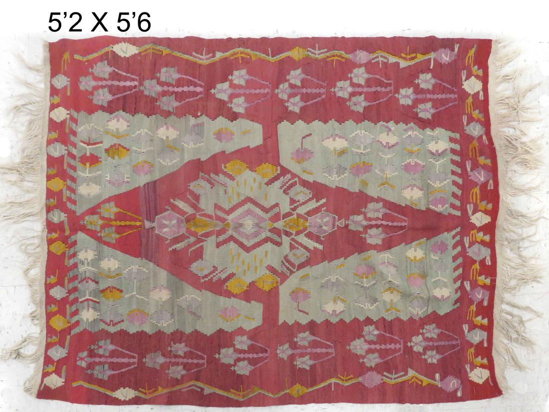 ANTIQUE TURKISH KILIM RUG. 5'2" X 5'6": ANTIQUE TURKISH KILIM RUG. 5'2" X 5'6"