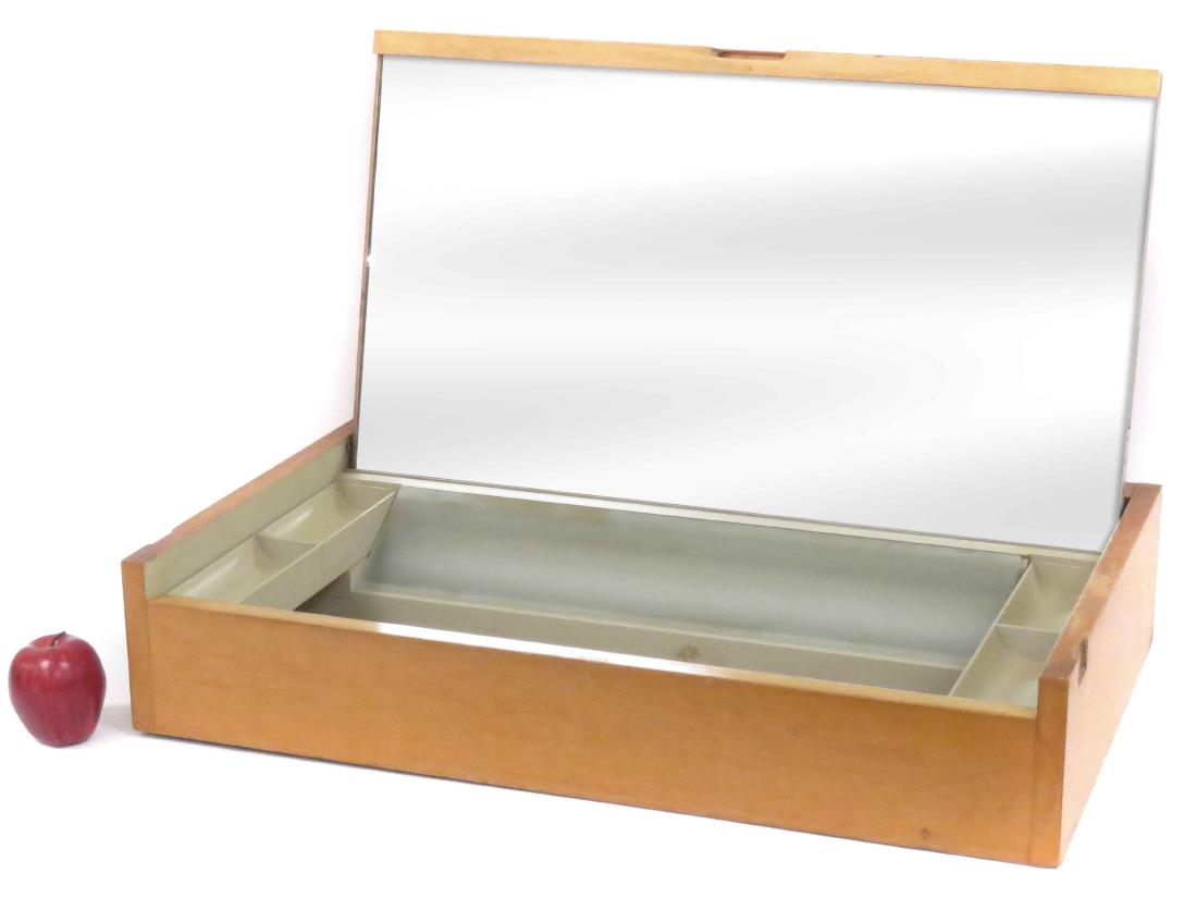 GEORGE NELSON FOR HERMAN MILLER, ZEELAND MICHIGAN,: GEORGE NELSON FOR HERMAN MILLER, ZEELAND MICHIGAN, ILLUMINATED VANITY CABINET WITH LIFT-TOP MIRROR, SIGNED. HEIGHT 6"; TOP 18 1/2 X 30" (MISSING HANGING BRACKETS)