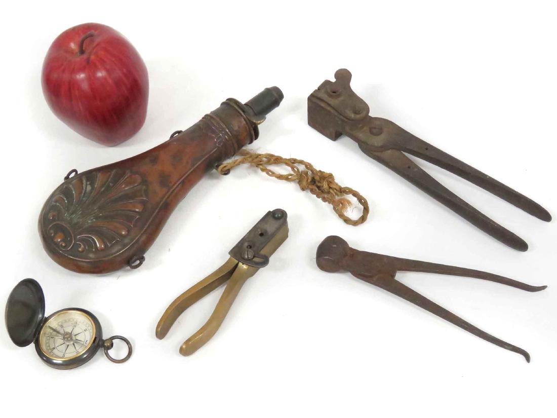 LOT (4) INCLUDING BRASS SHOT FLASK, (3) BULLET/MUSKET: LOT (4) INCLUDING BRASS SHOT FLASK, (3) BULLET/MUSKET BALL MOLDS, POCKET COMPASS