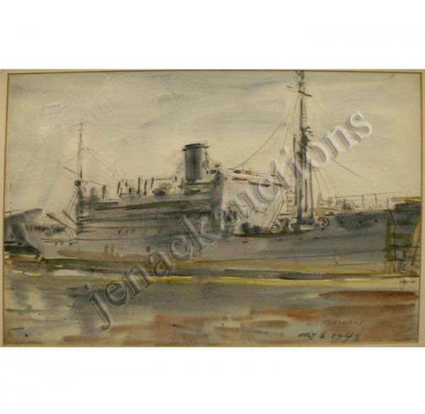 WATERCOLOR, "S.S. MONTEREY", REGINALD MARSH N.A.: WATERCOLOR, "S.S. MONTEREY", REGINALD MARSH N.A. (NEW YORK 1898-1954), JULY 8, 1948. 40 X 20"; FRAMED & GLAZED 21 X 27" PROVENANCE: ESTATE OF REGINALD MARSH, SOUFER GALLERY NYC. PRIVATE COLLECTION **D