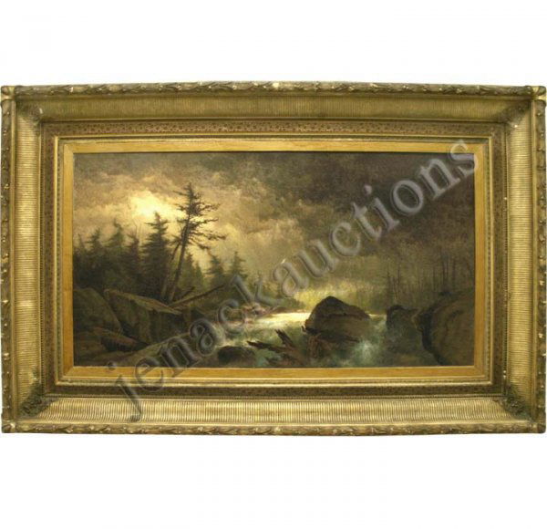 PAINTING, ERNST PARTON: OIL ON CANVAS, THUNDERSTORM IN THE ADIRONDACKS, SIGNED ERNEST PARTON 1870 NY (AMERICAN 1845-1933). 25 X 45"; FRAMED 38 X 57" **DUE TO THE SIZE AND/OR FRAGILITY OF THIS LOT IN-HOUSE SHIPPING IS NOT AVA