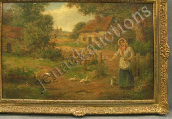 PAINTING, BARNYARD SCENE, WILLIAM LANGLEY: OIL ON CANVAS, BARNYARD SCENE, SIGNED WILLIAM LANGLEY (ENGLISH 1855-1922). 20 X 30"; FRAMED 25 1/2 X 35 1/2" (RELINED) **DUE TO THE SIZE AND/OR FRAGILITY OF THIS LOT IN-HOUSE SHIPPING IS NOT AVAILABLE