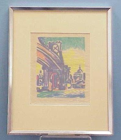 CRAYON SKETCH, SIGNED FISKE BOYD: CONTE CRAYON SKETCH OF BRIDGE NYC, SIGNED FISKE BOYD (AMERICAN 1895-1975). SIGHT 11 1/2 X 9 1/2"