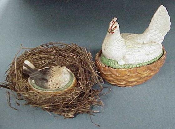 (2) STAFFORDSHIRE HENS ON NEST