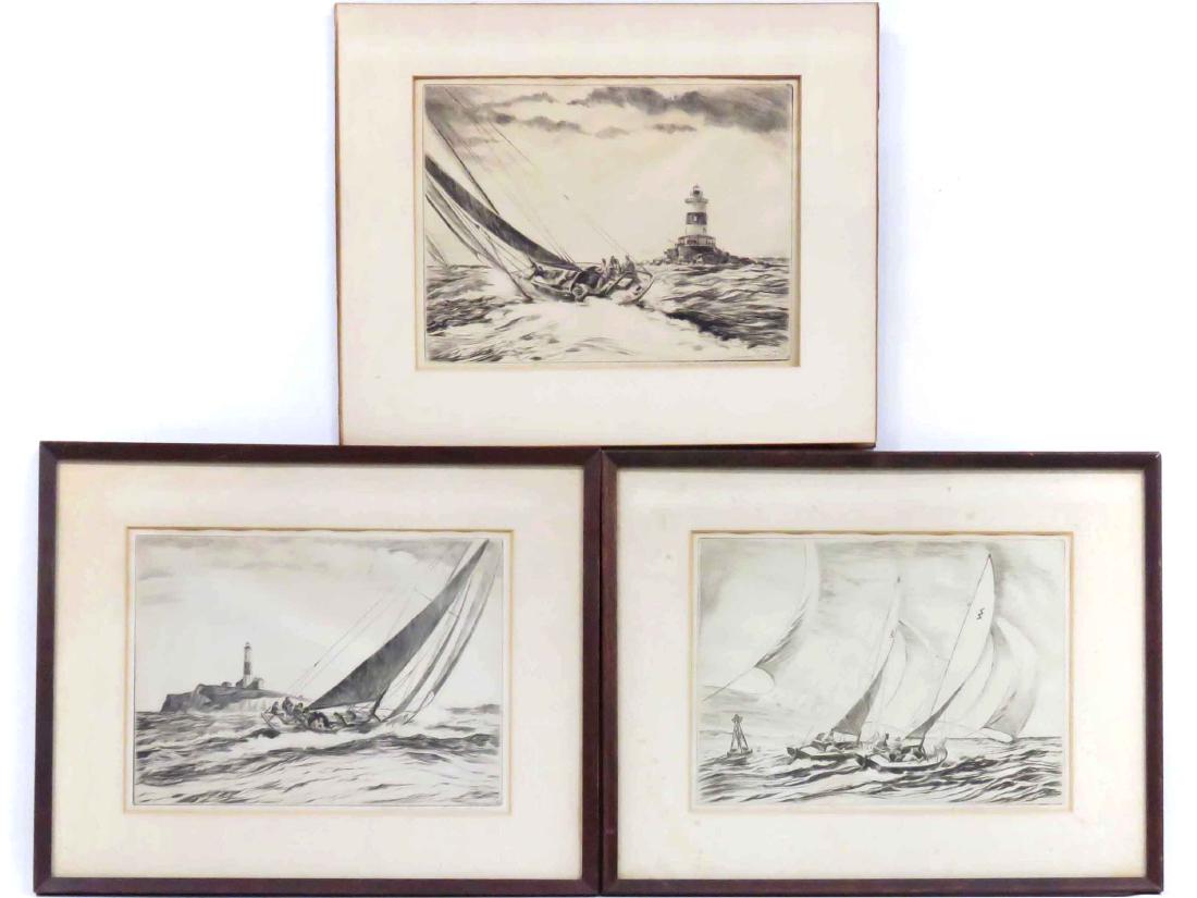 YNGVE EDWARD SODERBERG (AMERICAN 1896-1971), LOT (3): YNGVE EDWARD SODERBERG (AMERICAN 1896-1971), LOT (3) ETCHINGS, ED 85 INCLUDING "CLOSE FINISH"; "LATIMER REEF"; "SAILING NEAR MONTAUK". SIGHTS 9 1/4 X 12 1/4"; FRAMED & GLAZED-14 3/4 X 18" (1/WITHOUT F