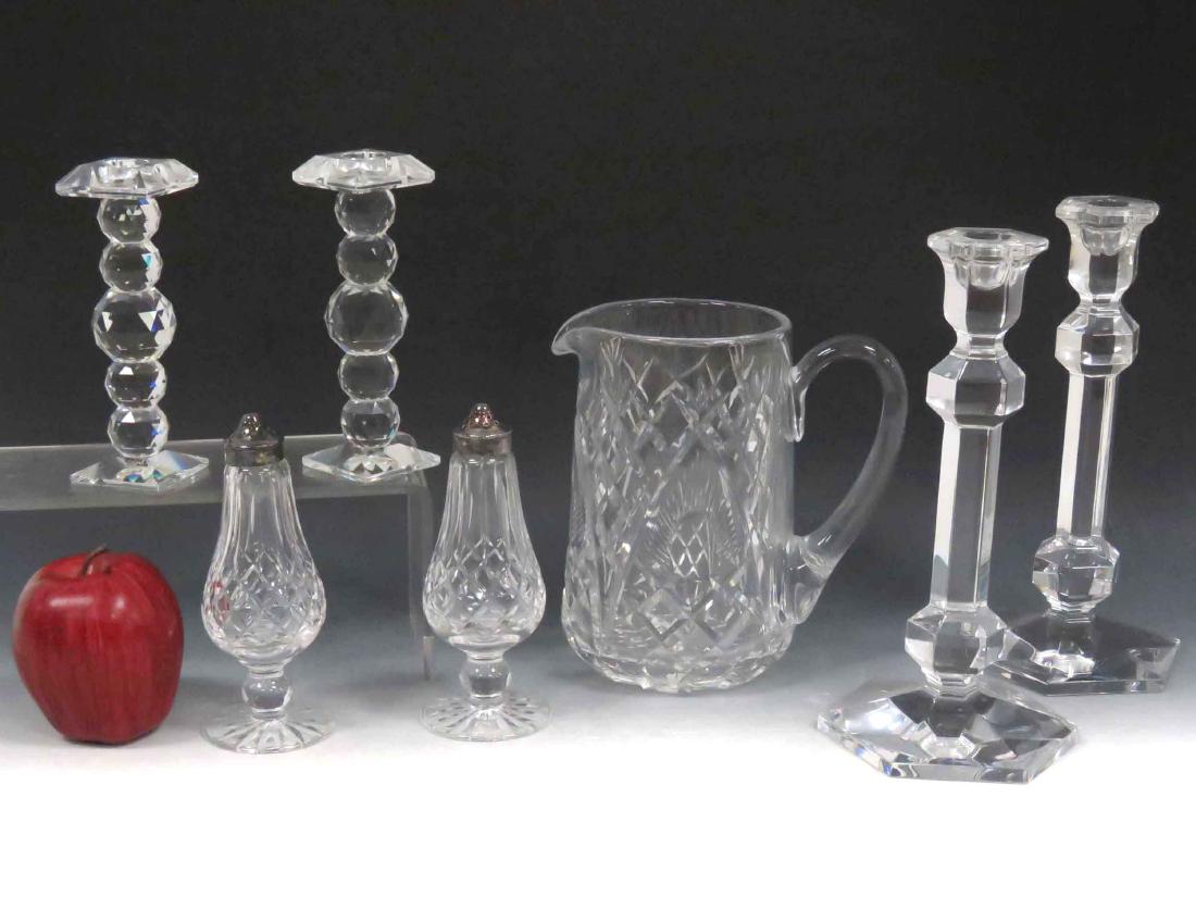 LOT (7) CRYSTAL INCLUDING WATERFORD PITCHER AND PAIR: LOT (7) CRYSTAL INCLUDING WATERFORD PITCHER AND PAIR SALT & PEPPERS; PAIR VAL ST. LAMBERT CANDLESTICKS & PAIR SWAROVSKI CANDLESTICKS