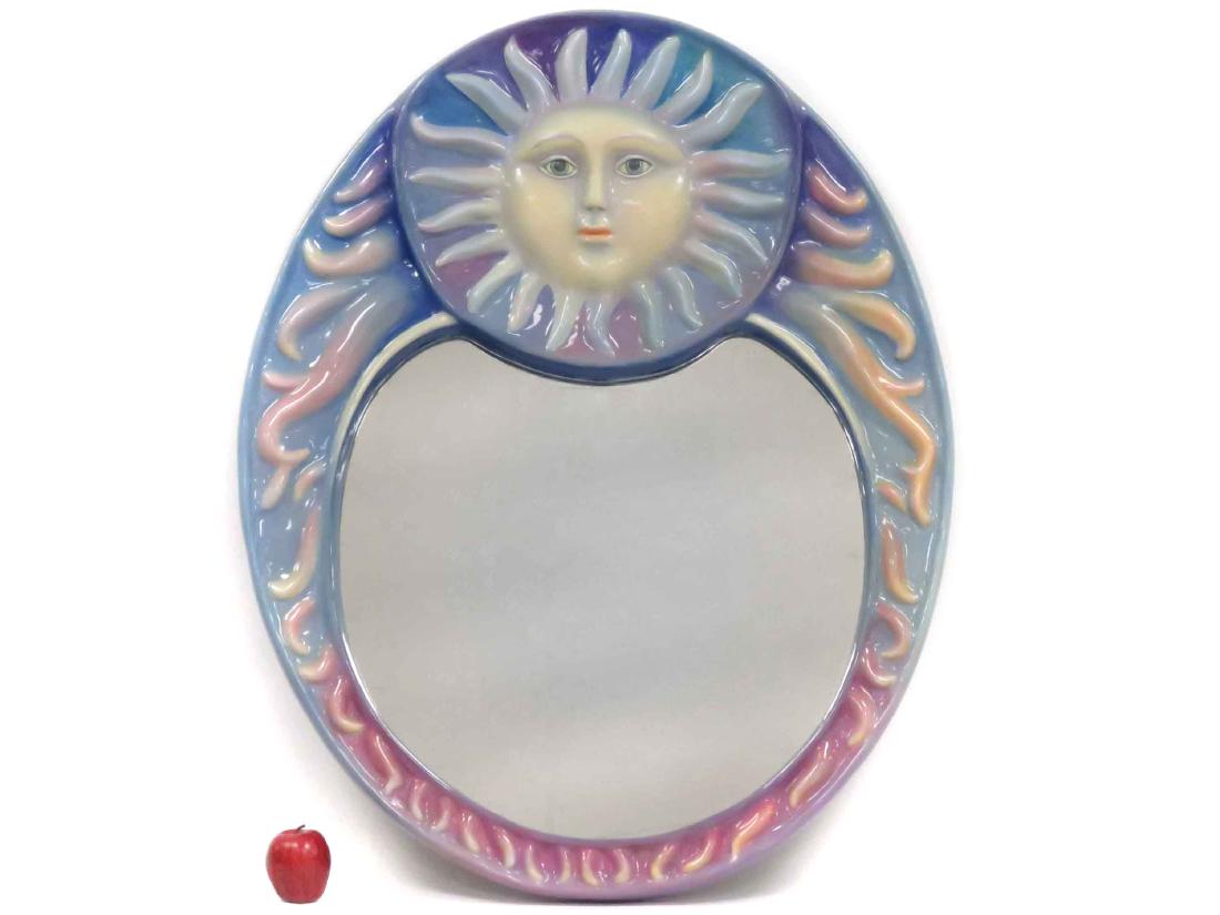 PAVO REAL COMPOSITION HAND PAINTED SUN MIRROR. 43 X 34": PAVO REAL COMPOSITION HAND PAINTED SUN MIRROR. 43 X 34" (ORIGINAL RECEIPT VERSO)