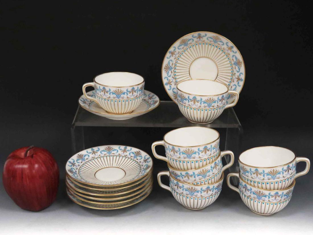 SET (7) MINTON GILT/ENAMEL PORCELAIN CUPS/SAUCERS,: SET (7) MINTON GILT/ENAMEL PORCELAIN CUPS/SAUCERS, RETAILER: R. BRIGGS & CO/BOSTON