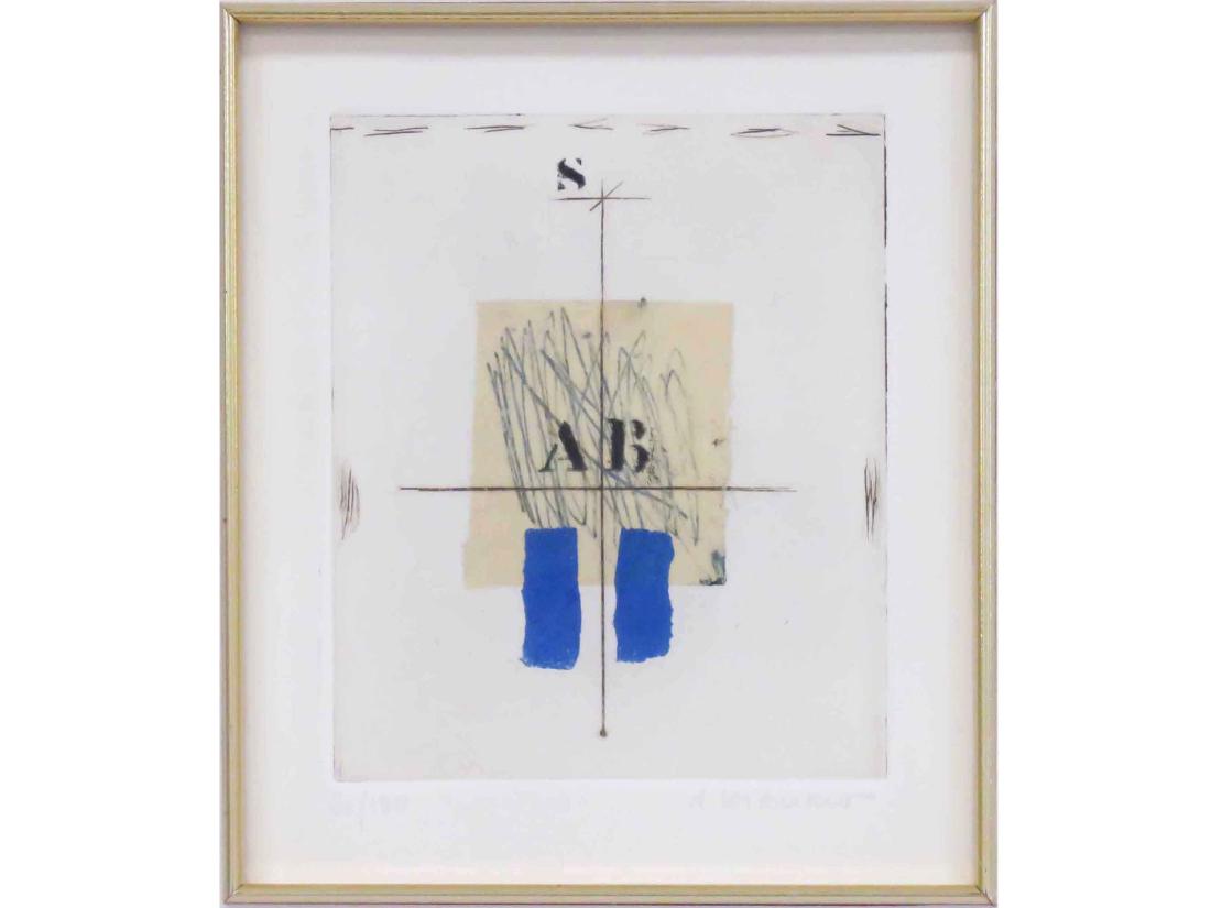 JAMES COIGNARD (FRENCH 1925-2008), CARBORUNDUM: JAMES COIGNARD (FRENCH 1925-2008), CARBORUNDUM ENGRAVING, "BLEU", SIGNED & TITLED #20/100. SIGHT 6 1/4 X 5 1/4"; FRAMED & GLAZED-14 X 13"