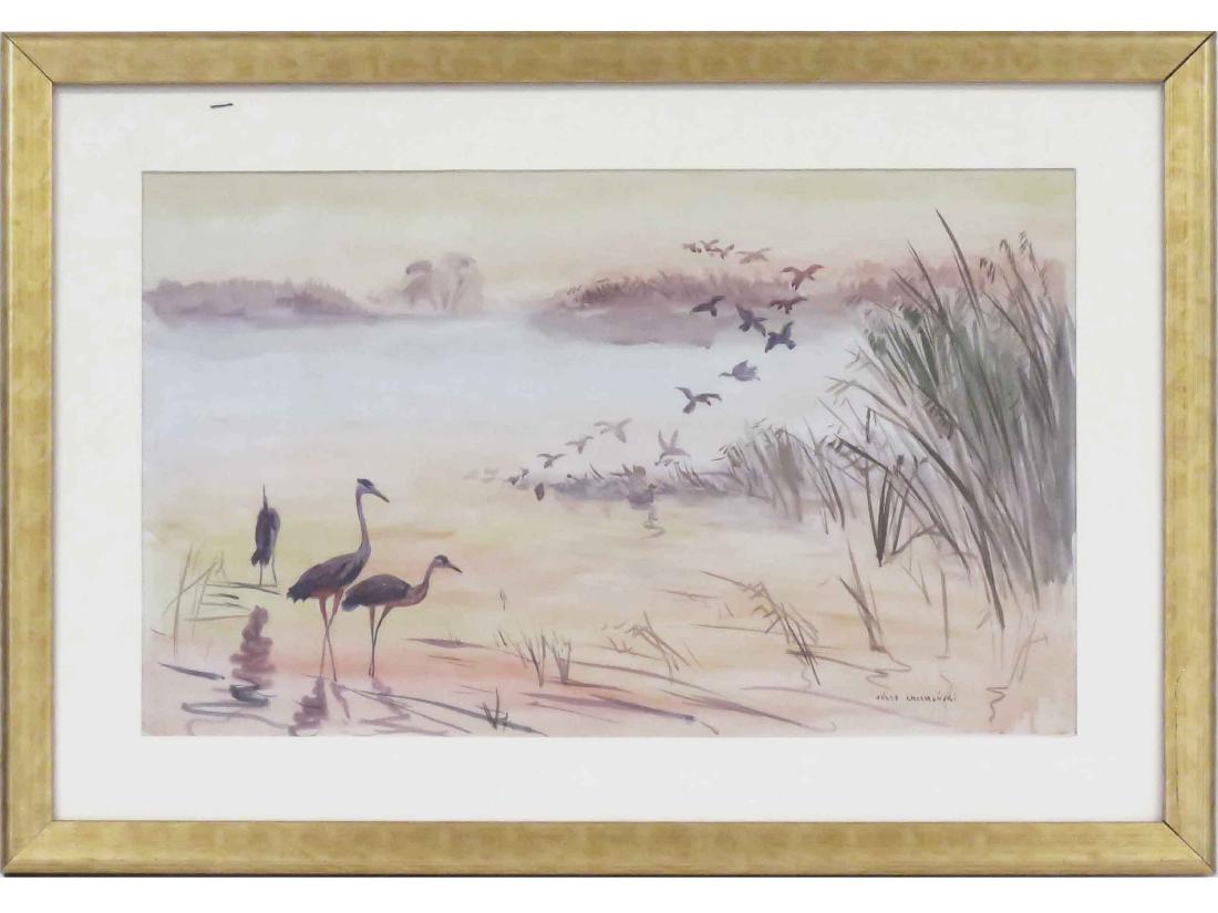 POLISH SCHOOL (20TH CENTURY), WATERCOLOR ON PAPER,: POLISH SCHOOL (20TH CENTURY), WATERCOLOR ON PAPER, MARSH SCENE, BEARING SIGNATURE JOSEF CHELMONSKI. SIGHT 15 X 24 1/2"; FRAMED AND GLAZED-23 X 32"