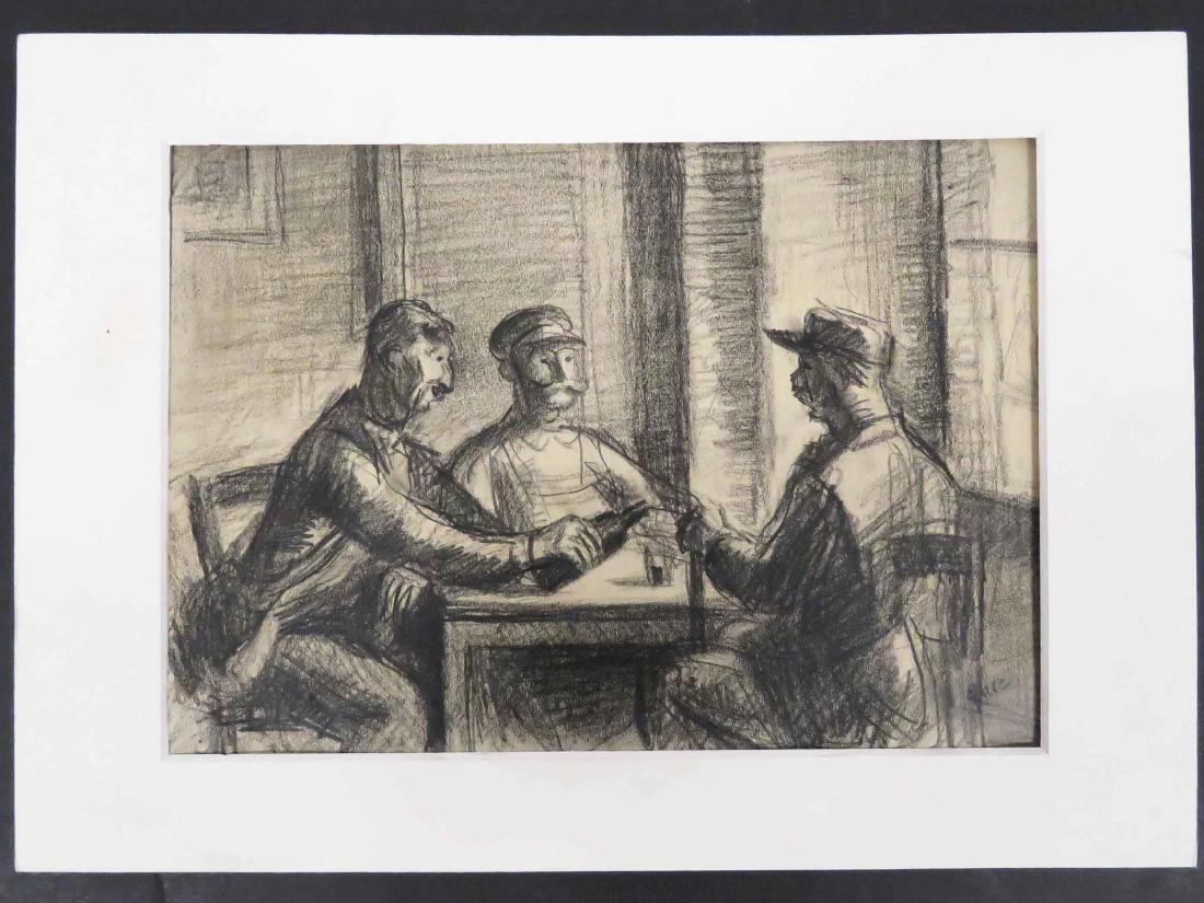 ATTRIBUTED TO MAXIMILIEN LUCE (FRENCH 1858-1941),: ATTRIBUTED TO MAXIMILIEN LUCE (FRENCH 1858-1941), CHARCOAL ON PAPER, FIGURES IN A TAVERN, SIGNED. SIGHT 9 1/2 X 13 1/4"