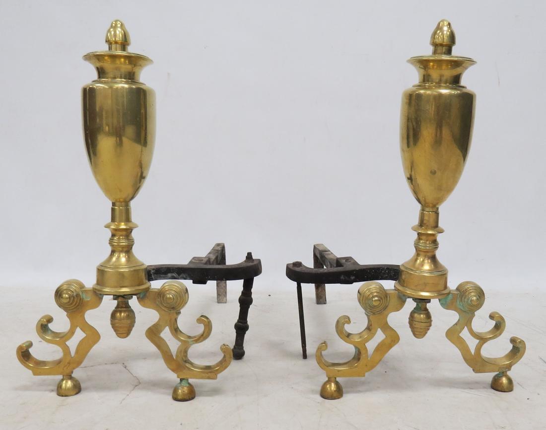 PAIR FEDERAL BRASS ANDIRONS, 19TH CENTURY. HEIGHT 21": PAIR FEDERAL BRASS ANDIRONS, 19TH CENTURY. HEIGHT 21"