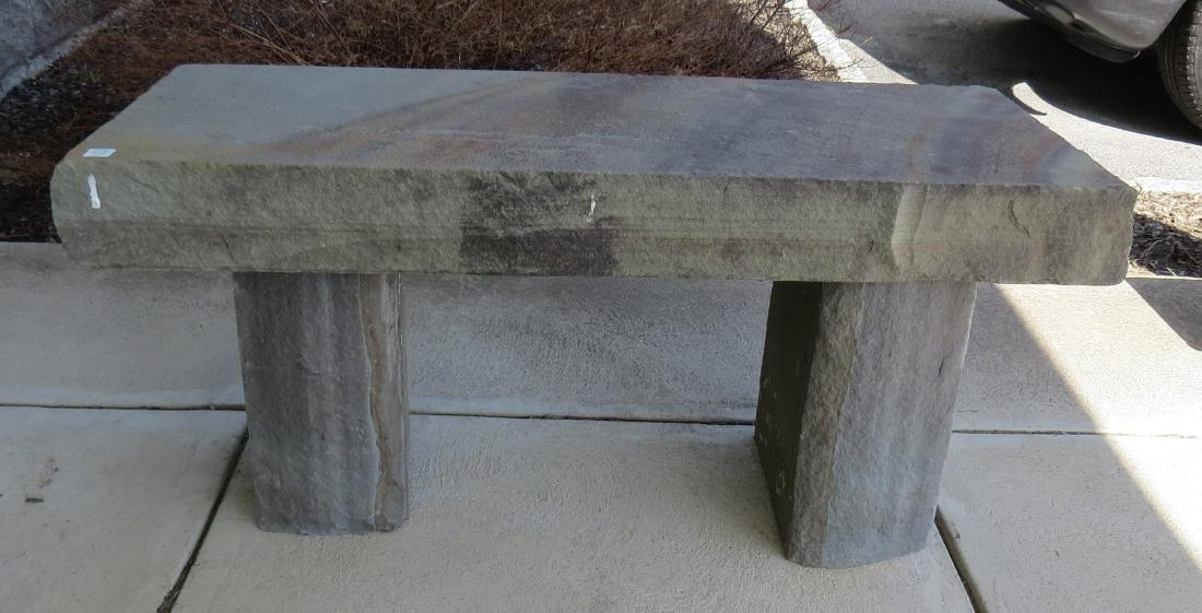 PAIR CUT BLUE STONE BENCHES. HEIGHT 19"; TOP 16 X 44": PAIR CUT BLUE STONE BENCHES. HEIGHT 19"; TOP 16 X 44" (300 LBS)