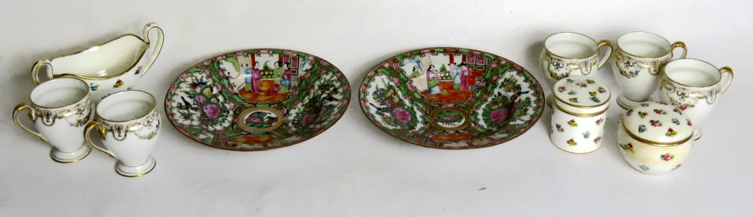 LOT ASSORTED PORCELAINS INCLUDING PAIR ROSE MANDARIN: LOT ASSORTED PORCELAINS INCLUDING PAIR ROSE MANDARIN SOUP BOWLS, FRENCH LIMOGES CHOCOLATE CUPS, MINTON SAUCE BOWL, (2) DRESSER JARS