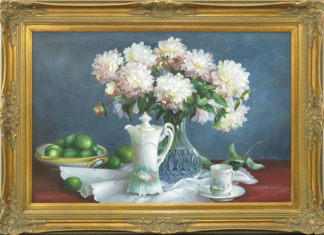 CONTINENTAL SCHOOL (20TH CENTURY), OIL ON CANVAS,: CONTINENTAL SCHOOL (20TH CENTURY), OIL ON CANVAS, ARRANGEMENT WITH FLOWERS & CHINA, SIGNED. 24 X 36"; FRAMED 32 X 44"