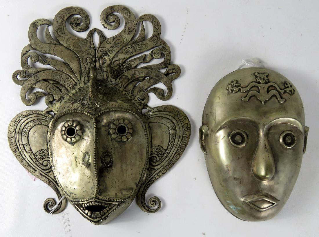 LOT (2) INDONESIAN BRASS ALLOY MASKS. HEIGHT 8 1/2-12 (1 of 1)