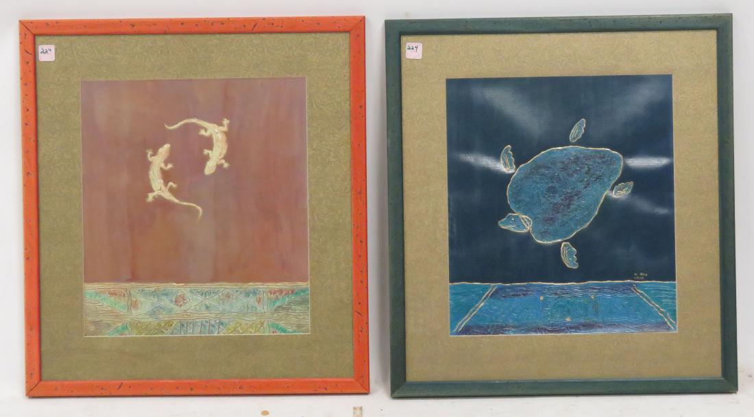 BALINESE SCHOOL (20TH CENTURY), LOT (2) OIL ON PAPER,: BALINESE SCHOOL (20TH CENTURY), LOT (2) OIL ON PAPER, LIZARDS & SEA TURTLE, SIGNED. FRAMED & GLAZED 24 X 22"