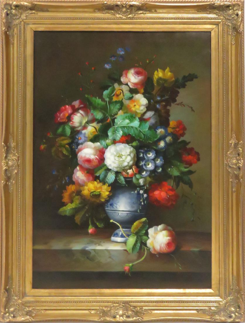 CONTINENTAL SCHOOL (20TH CENTURY), OIL ON CANVAS, STILL: CONTINENTAL SCHOOL (20TH CENTURY), OIL ON CANVAS, STILL LIFE-FLOWERS, SIGNED. 36 X 24"; FRAMED 44 X 32"