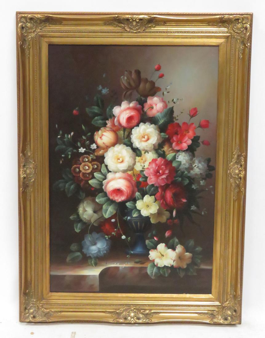 CONTINENTAL SCHOOL (20TH CENTURY), OIL ON CANVAS,: CONTINENTAL SCHOOL (20TH CENTURY), OIL ON CANVAS, FLOWERS ON MARBLE, SIGNED. 36 X 24"; FRAMED 44 X 32"