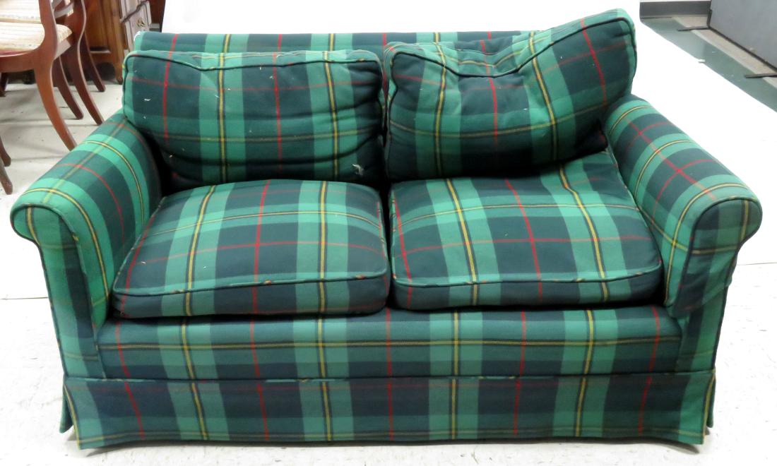 VINTAGE DESIGNER DOWN UPHOLSTERED SETTEE. HEIGHT 30"; (1 of 1)