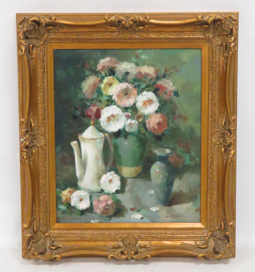 CONTINENTAL SCHOOL (20TH CENTURY), OIL ON CANVAS,: CONTINENTAL SCHOOL (20TH CENTURY), OIL ON CANVAS, TEAPOT AND ROSES, SIGNED. 24 X 20"; FRAMED 34 X 29"