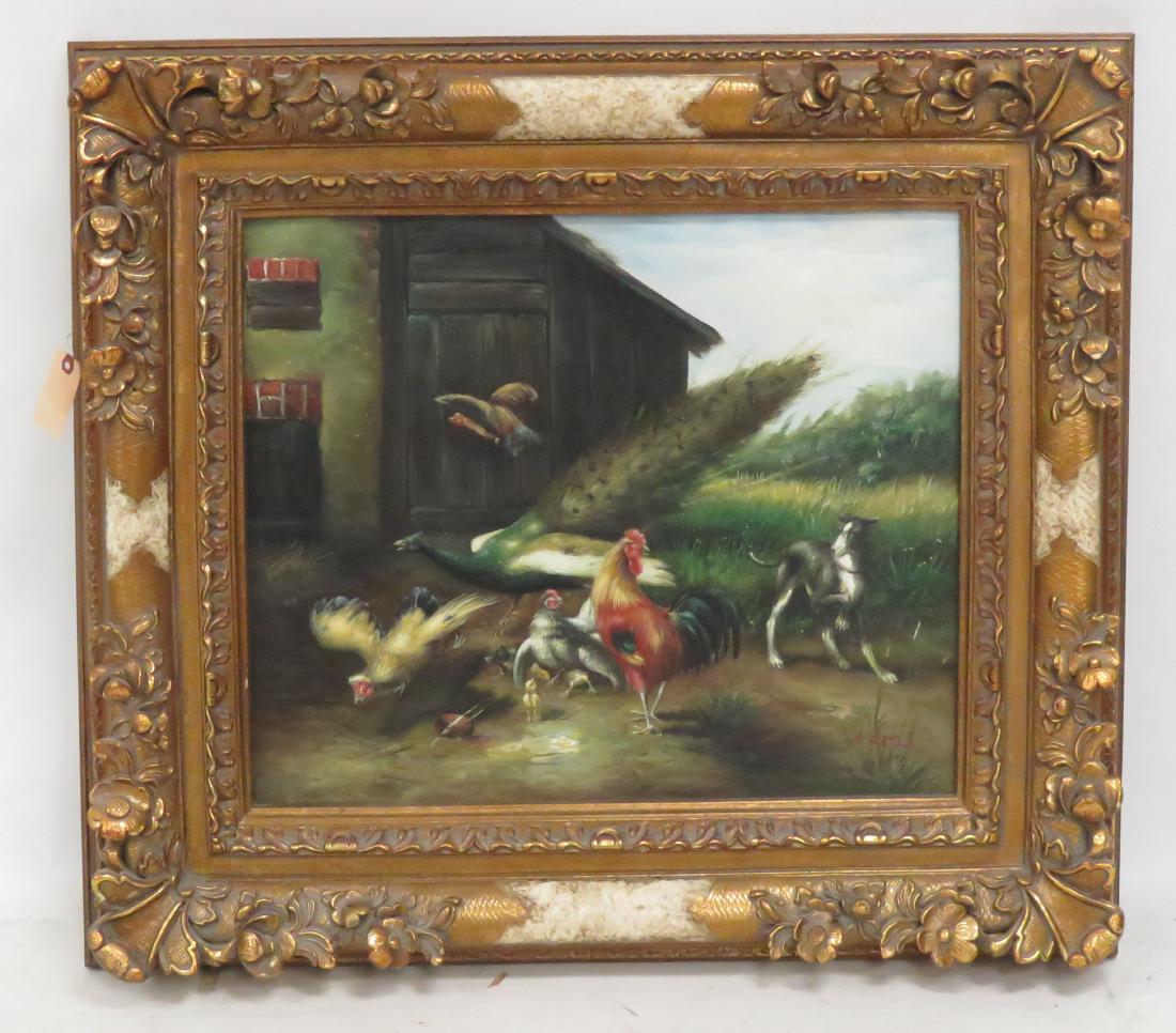 CONTINENTAL SCHOOL (20TH CENTURY), OIL ON CANVAS,: CONTINENTAL SCHOOL (20TH CENTURY), OIL ON CANVAS, BARNYARD, SIGNED H. KAY. 20 X 24"; FRAMED 30 X 34"