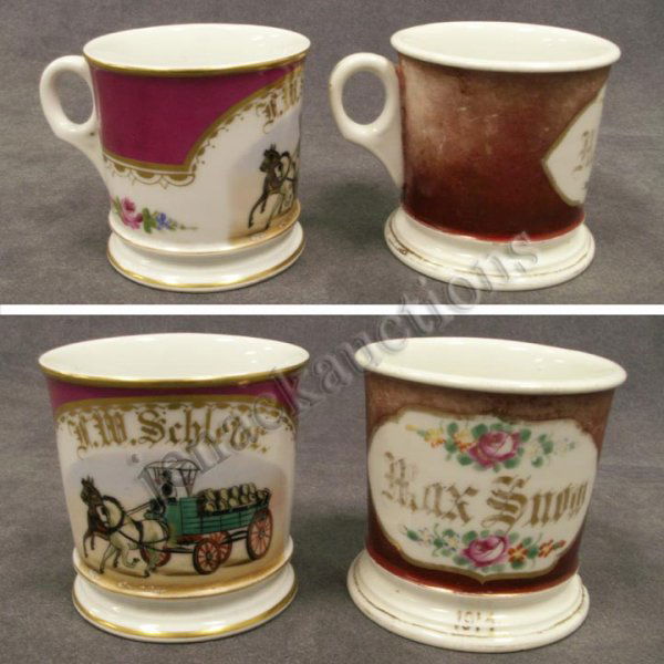 LOT (2) OCCUPATIONAL PORCELAIN SHAVING MUGS: LOT (2) OCCUPATIONAL PORCELAIN SHAVING MUGS INCLUDING H.W. SCHLETER BEER WAGON DELIVERY AND MAX SNOW 1914 (1/IMPERFECT). HEIGHT 3 3/8"