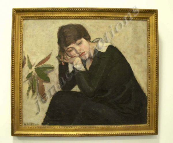 PAINTING, PORTRAIT OF MARION DORN, POOR: OIL ON CANVAS, PORTRAIT OF MARION DORN (GIRL IN BLACK), SIGNED H.V. POOR (HENRY VARNUM, AMERICAN NY 1888-1970) "OCT. 8, 1920". 27 1/2 X 32"; FRAMED 32 1/2 X 37" PROVENANCE: ESTATE OF THE ARTIST; WILLI