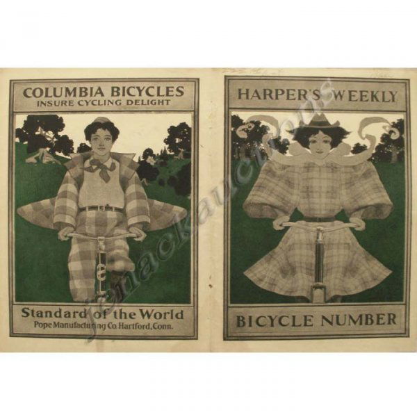 LOT (2) MAXFIELD PARRISH HARPER'S WEEKLY: LOT (2) MAXFIELD PARRISH HARPER'S WEEKLY/LADIES' HOME JOURNAL COVERS INCLUDING COLUMBIA BICYCLE ADS, 1896. APPROXIMATELY 16 X 11 1/2"