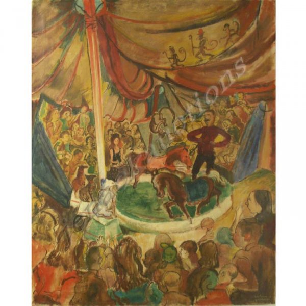 PAINTING, THE GREATEST SHOW ON EARTH, GOODMAN: OIL ON CANVAS, THE GREATEST SHOW ON EARTH, SIGNED BERTRAM GOODMAN '45 (AMERICAN/NEW YORK 1904 1988). 34 X 27" **DUE TO THE SIZE AND/OR FRAGILITY OF THIS LOT IN HOUSE SHIPPING IS NOT AVAILABLE; A ROSTE