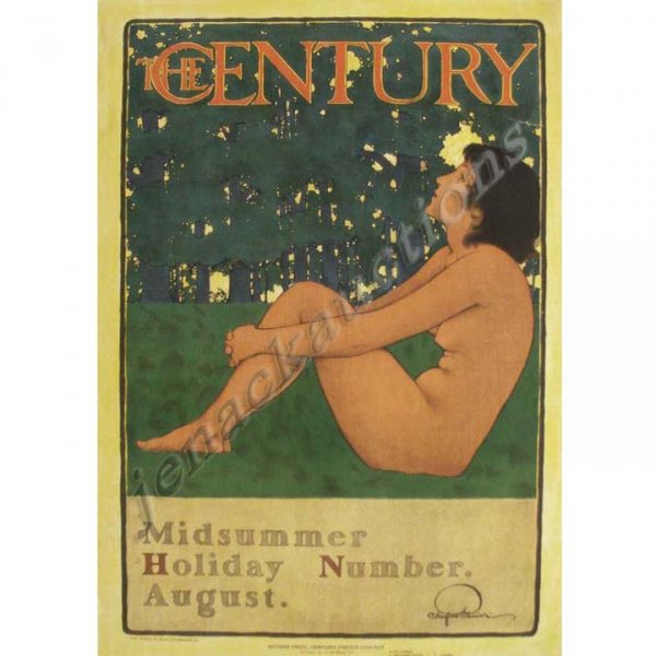 MAXFIELD PARRISH LITHOGRAPH POSTER, THE CENTURY: MAXFIELD PARRISH LITHOGRAPH POSTER, THE CENTURY MIDSUMMER HOLIDAY NUMBER, AUGUST 1897. 20 X 13 1/2" (CREASE, EDGE TEARS)