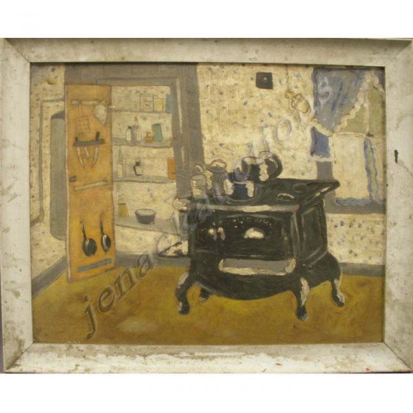 PAINTING, "KITCHEN STOVE", ATTR. MARY HACKETT: OIL ON ARTIST BOARD, "KITCHEN STOVE", ATTRIBUTED MARY HACKETT (SIGNED VERSO) (AMERICAN 1906 1989). 18 1/2 X 22 1/2"