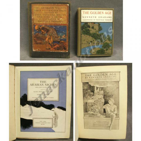 LOT (2) MAXFIELD PARRISH ILLUSTRATED VOLUMES: LOT (2) MAXFIELD PARRISH ILLUSTRATED VOLUMES INCLUDING THE GOLDEN AGE, GRAHAME, 1909; THE ARABIAN NIGHTS, WIGGIN/SMITH, 1909