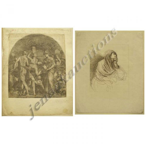 LOT (2) OLD MASTER PRINTS INCLUDING ENGRAVING: LOT (2) OLD MASTER PRINTS INCLUDING ENGRAVING - SCHOOL OF FONTAINEBLEAU/AFTER FRANCESCO PRIMATICCO (ITALIAN 1504-1570). SHEET 12 X 10 1/2"; AND ETCHING, FRANCESCO BARTOLOZZI (ITALIAN 1727-1815). PLATE