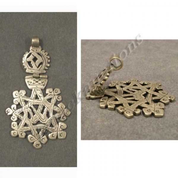 LARGE HINGED ETHIOPIAN SILVERED ALLOY COPTIC CROSS