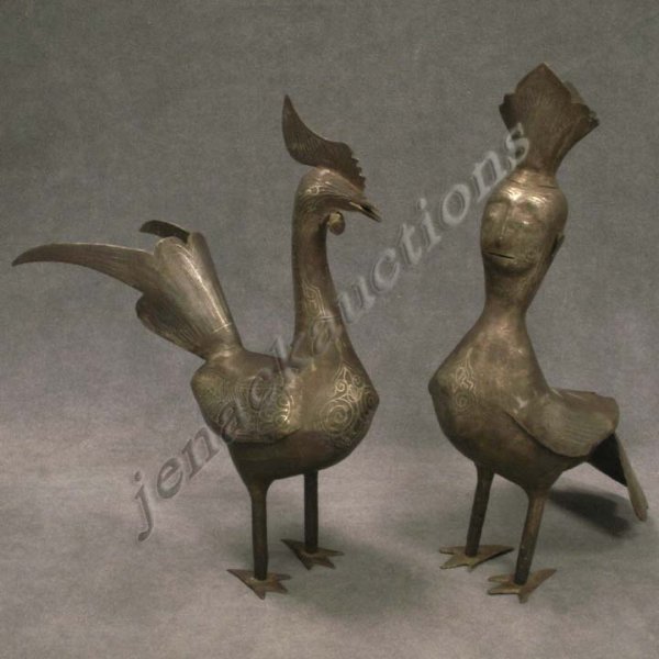 PAIR PERSIAN WROUGHT IRON AND SILVER INLAID BIRDS