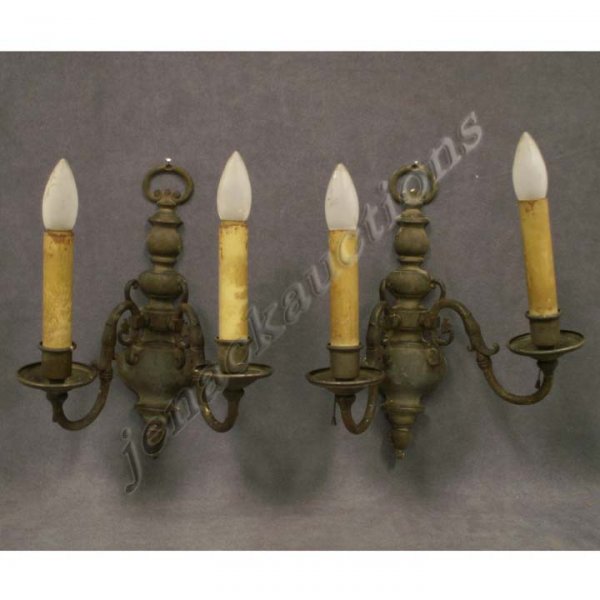 PAIR DUTCH STYLE BRASS DOUBLE ARM SCONCES