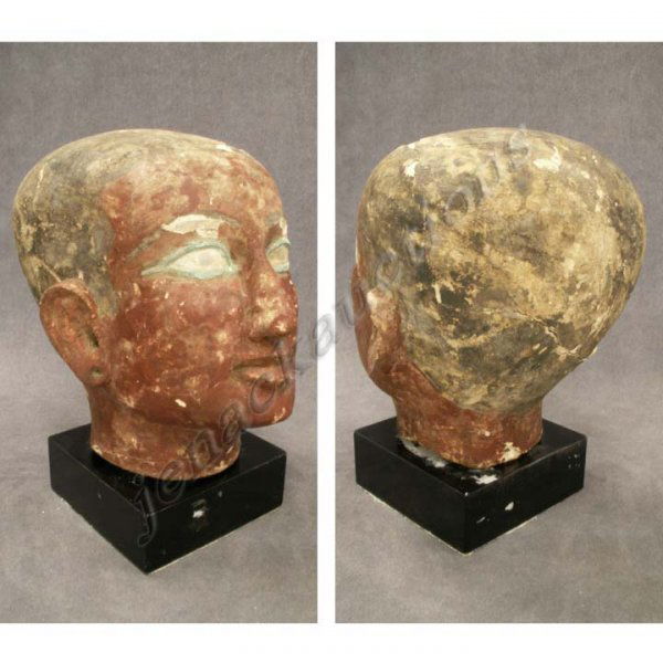 EGYPTIAN CARTONAGE AND WOOD HEAD: EGYPTIAN CARTONAGE AND WOOD HEAD OF A SCRIBE/OFFICIAL, 26TH DYNASTY, C. 664 - 525 BC. HEIGHT 9 1/4". (EAR LOBES MAY HAVE BEEN REPAIRED)