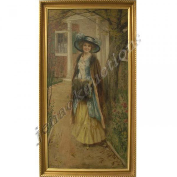 PAINTING, THE BLUE HAT, SIGNED LEON MORAN: OIL ON CANVAS, THE BLUE HAT, SIGNED LEON MORAN (WATCHING NJ 1864-1941). 36 X 18"; FRAMED 40 X 22" (SMALL REPAIRS TO CANVAS/PATCHES) **DUE TO THE SIZE AND/OR FRAGILITY OF THIS LOT IN-HOUSE SHIPPING IS