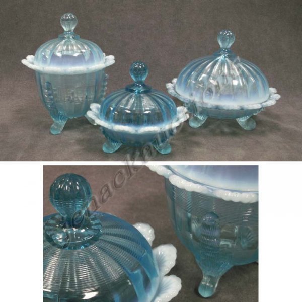 LOT (3) OPALESCENT BLUE PATTERN GLASS BOWLS