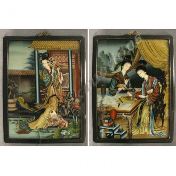 PAIR CHINESE EGLOMISE PAINTED PANELS