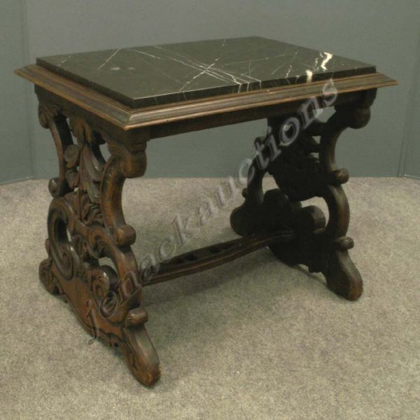 RENAISSANCE STYLE CARVED WALNUT & MARBLE-TOP STAN