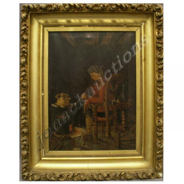 OIL ON CANVAS, FIGURE SMOKING A PIPE NEAR STOVE