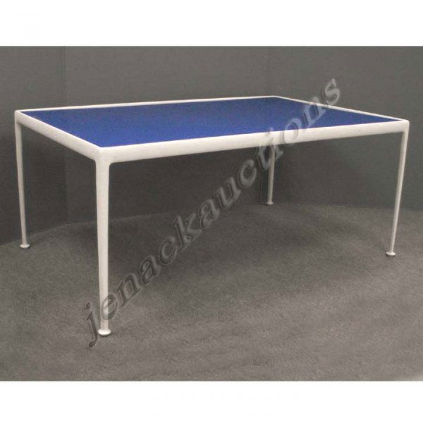 VINTAGE RICHARD SCHULTZ ALUMINUM DINING TABLE: VINTAGE RICHARD SCHULTZ POWDER COATED ALUMINUM/ENAMEL STEEL TOP DINING TABLE, KNOLL. HEIGHT 26 1/2"; TOP 38 X 60" **Due to the size and or fragility of furniture lots in-house shipping is not availabl