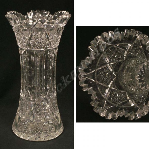 CUT GLASS VASE. HEIGHT 10"