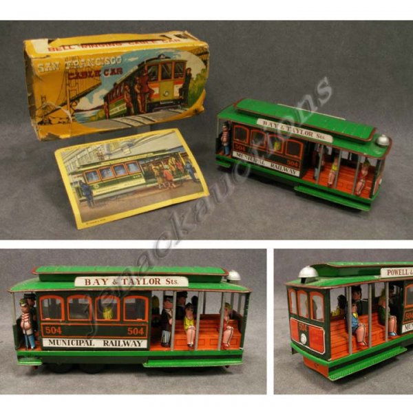 JAPANESE TIN LITHO FRICTION CABLE CAR WITH BOX
