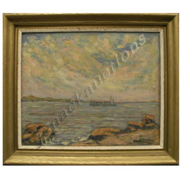 OIL ON PANEL, SAILBOATS IN THE SOUND, T. REIN