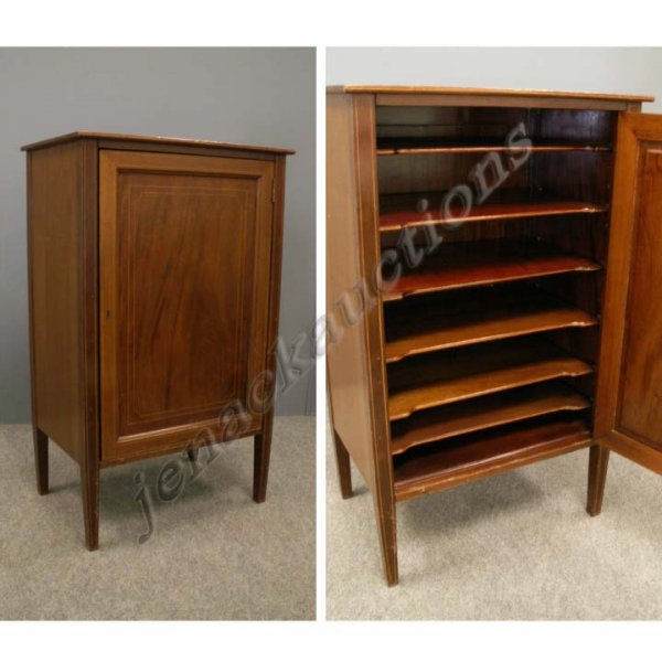 HEPPLEWHITE STYLE INLAID MAHOGANY MUSIC CABINET