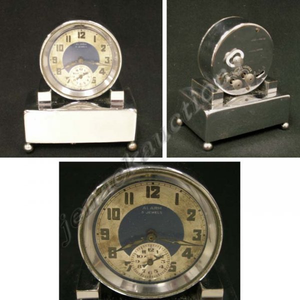 FRENCH ART DECO CHROME 5-JEWEL FOOTED ALARM CLOCK