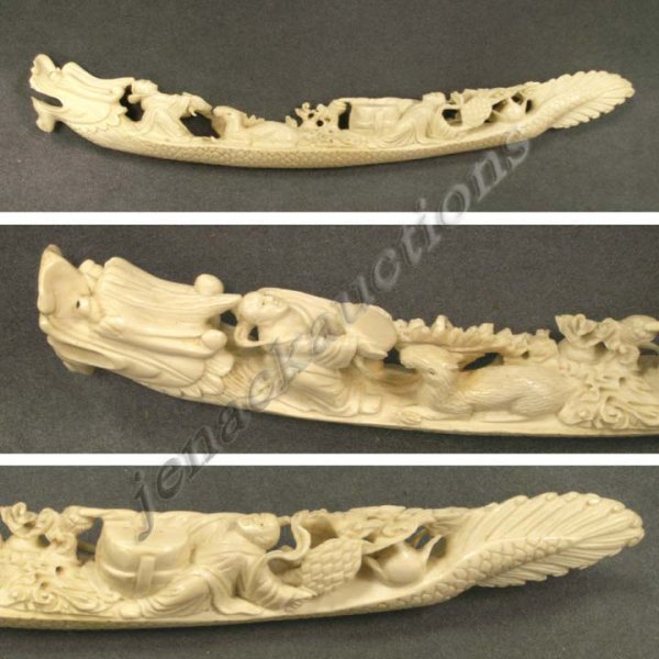 PRE-ACT CHINESE CARVED ELEPHANT IVORY DRAGON BOAT